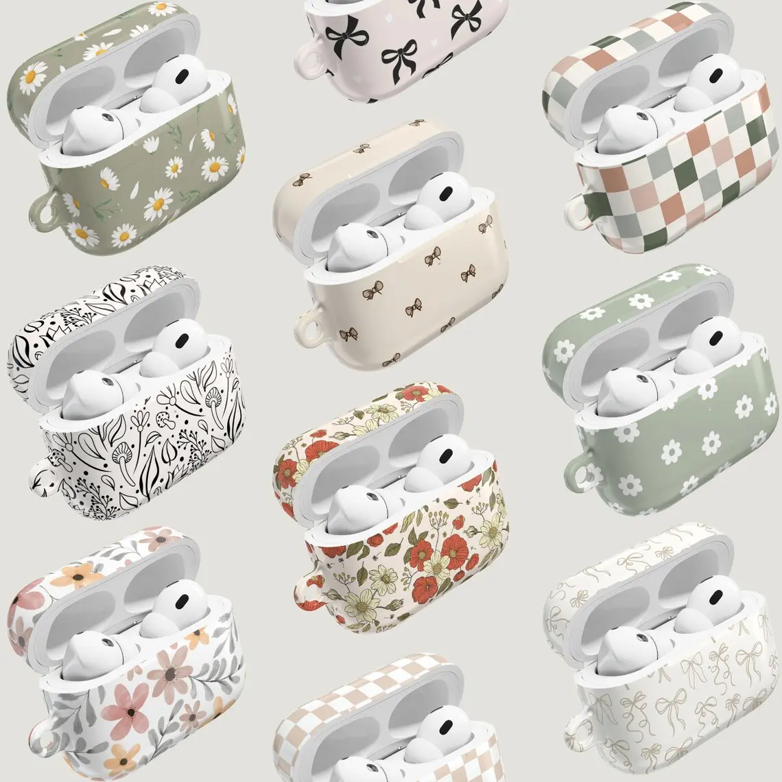 Floral Bow Checkered AirPods Case, AirPods 4 Case, AirPods Pro 2 Case, Daisy Flower Protective Earbuds Cover, Cute Coquette Gift
