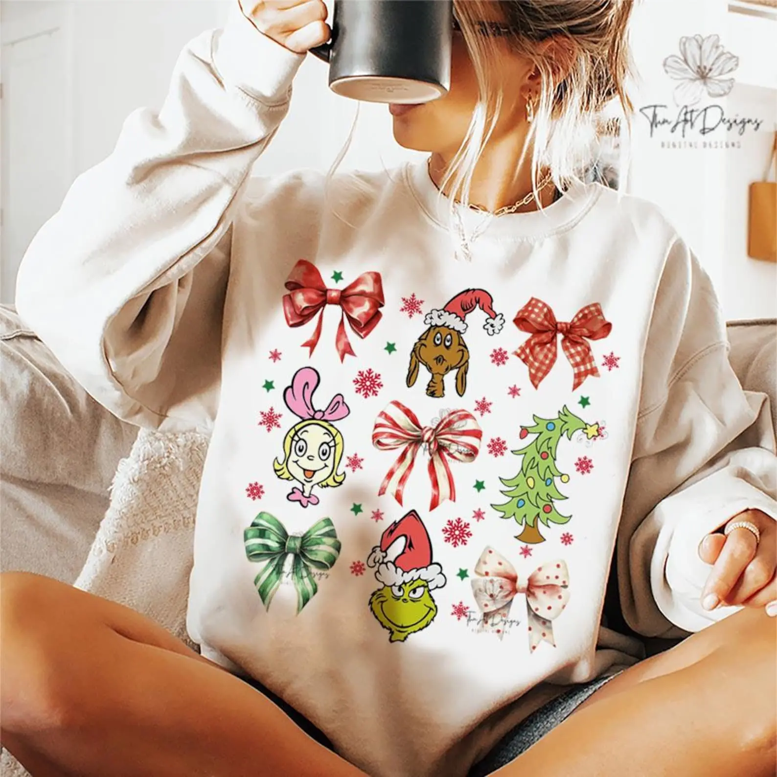 Grinmas Coquette Bow Shirt, Green Fur T-shirt, Christmas Sweatshirt, Green Monster Snowman Tshirt, Womenswear Crewneck Casual Cute Christmas sweaters for Women
