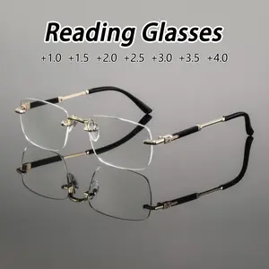 Men's Metal Square Frameless Reading Glasses, Vintage Elegant Luxury Casual Business Style, Fashion Old Flower Eyeglasses, Rimless Eyeglasses
