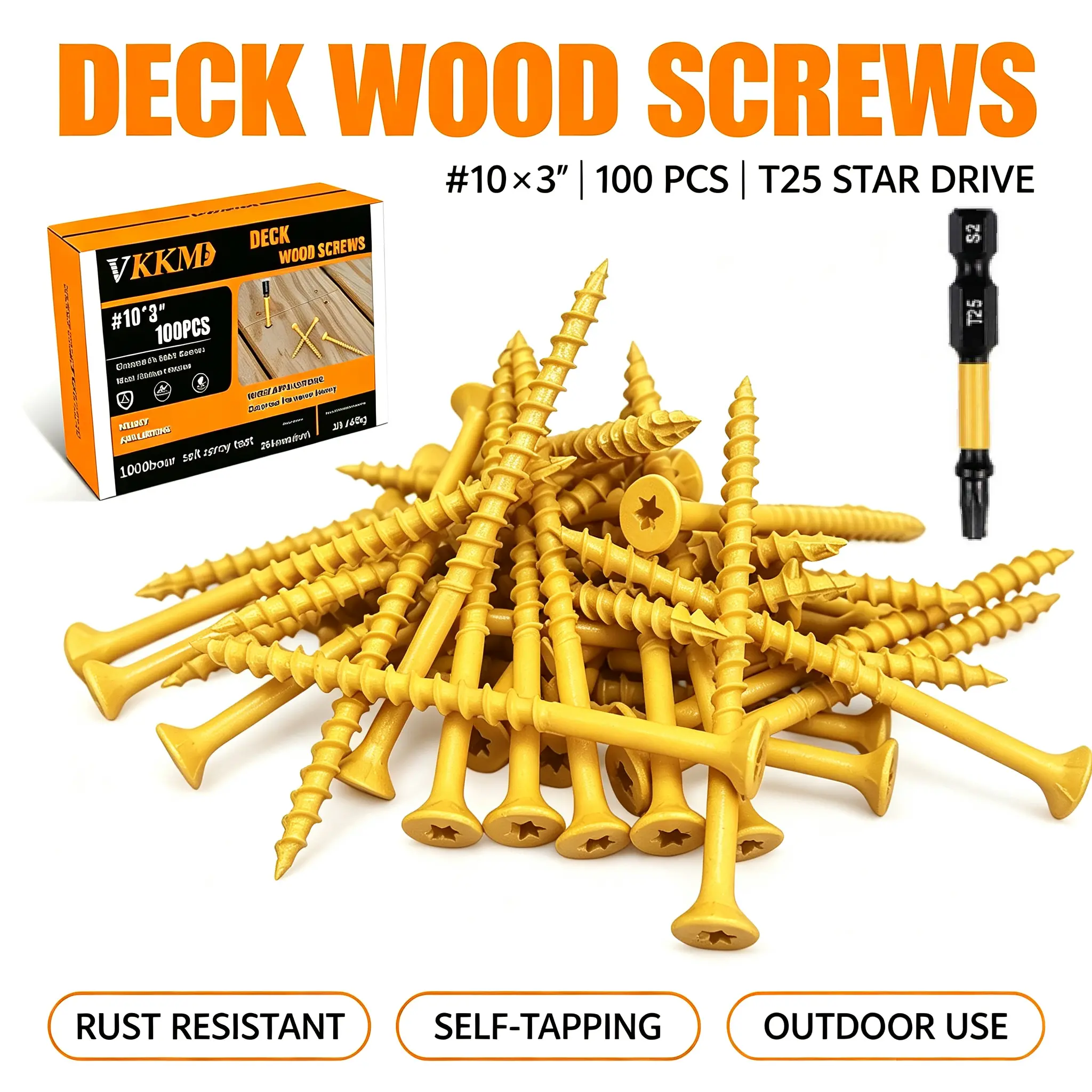 VKKM 100Pcs #10 x 3 Inch Exterior Deck Screws, T25 Torx Star Drive Self-Tapping Wood Screws, Yellow Anti-Rust Coated with Free T25 Bit for Outdoor Decks Fences