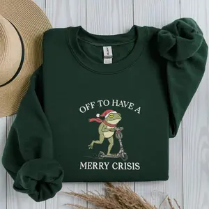 Embroidered Off to have a Merry Crisis Funny Christmas Shirt, Silly Frog Scooter Meme TShirt, Sweatshirt for Holiday Season, Christmas Gift Cotton Embroidery