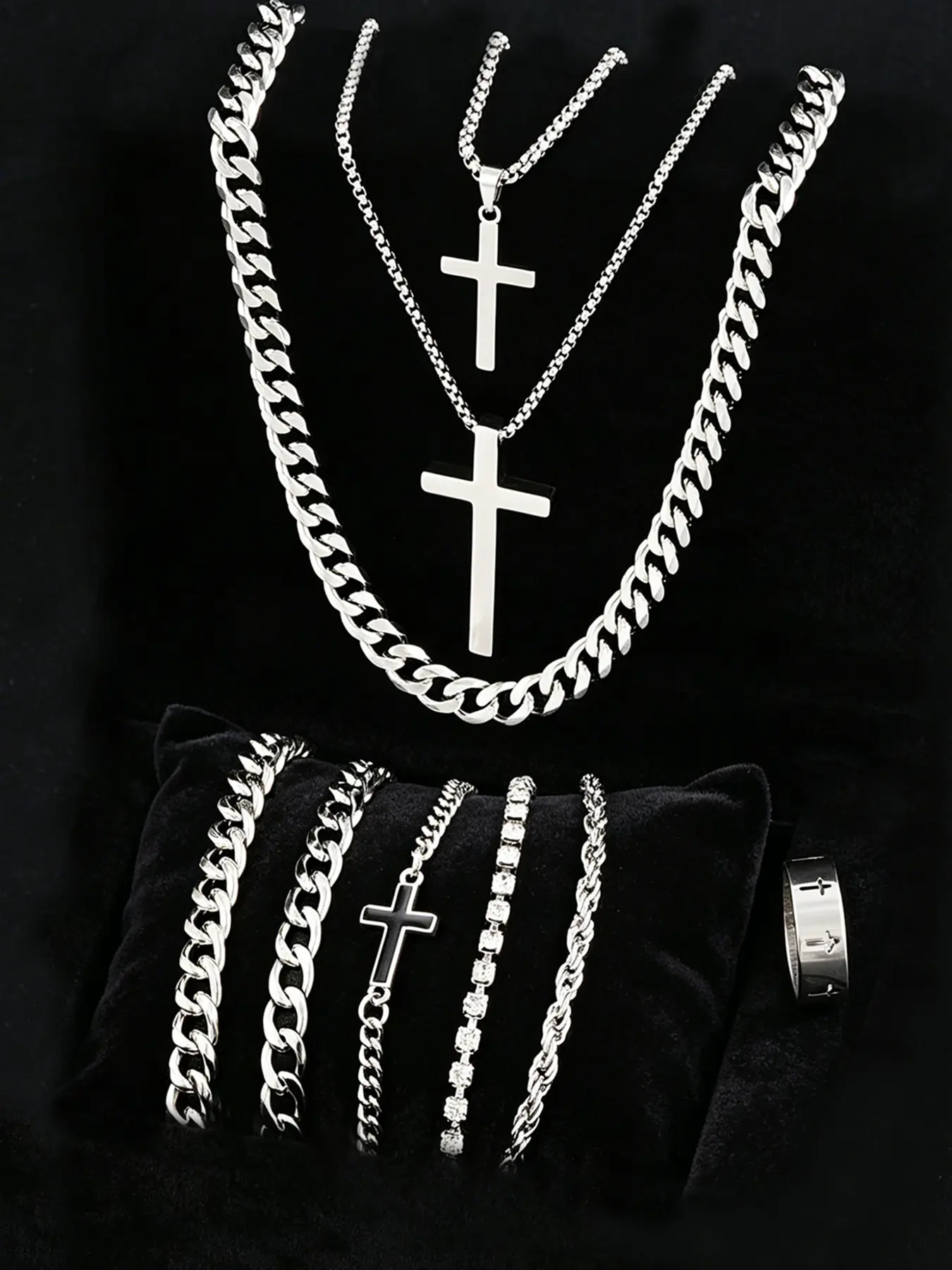 9-Piece Stainless Steel Jewelry Set, Hip Hop Punk Cross Pendant Necklace Ring Bracelet, Casual Accessories for Men, Party Gifts, Jewellery Gift Set
