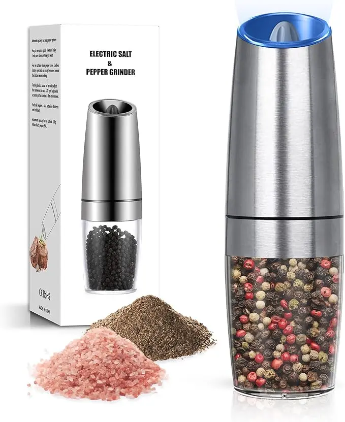 Battery-Operated Electric Gravity Salt and Pepper Grinder with LED Light - Kitchen Seasoning Utensil, Adjustable Coarseness, ABS Construction, Travel-Friendly, Transparent Hopper, 6 AAA Batteries Required per Single Unit