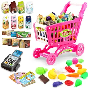 Kids Shopping Cart Trolley for Groceries Toddlers 65 Food Fruit Vegetables Pretend Play Role Play Educational Toy Play Kitchen Toys Store Playset (Pink)