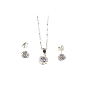 925 Sterling Silver Hexagon Stone Jewelry Set Necklace 1mm Chain 16 + 2 Inches (Purple Blue Red Black)