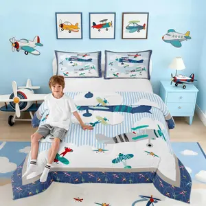 Kids Airplane Comforter Set,Blue Sky and White Clouds Bedding Set,Kids Girls Women Adults Aviation Aircraft Comforter,Modern Airplane Quilted Duvet