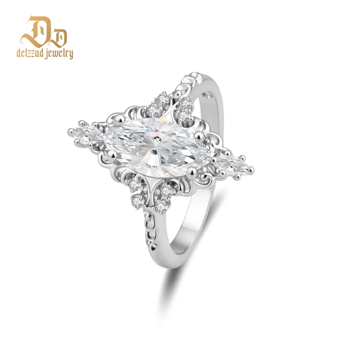 Delzzad 2.3ct The Versailles Marquise Ring Whispering Scrolls Band Ring VVS Synthetic Moissanite Ring Jewelry Copper Band Perfect Birthday Engagement Wedding Anniversary Christmas Valentine's Day Mother's Day Gift