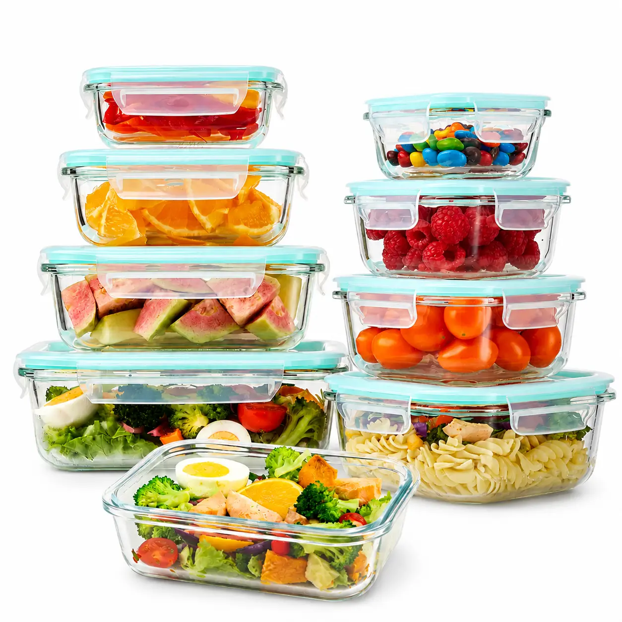 8 Piece Borosilicate Glass Food Storage Container Set with Sealing Lids, Stackable Rectangular Design