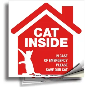 Cat Inside Alert Signs Stickers - 4 Pack 5x5 Inch - Premium Self-Adhesive Vinyl Laminated for UV Weather Scratch Water Fade Resistance Indoor Outdoor Red