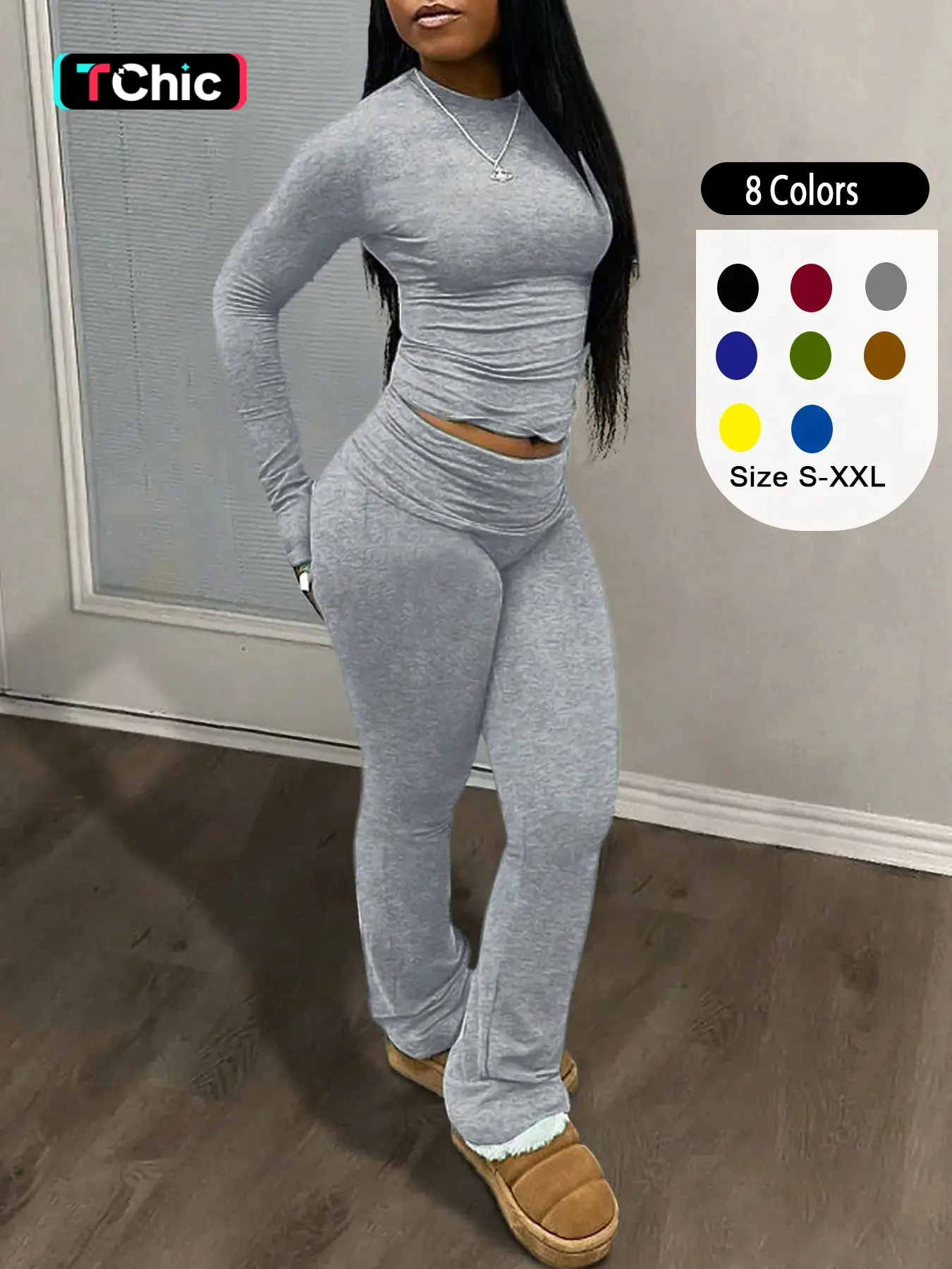 Two-piece Set Women's Solid Color Long Sleeve Tee & Foldover Waist Flare Leg Pants Set, Casual Wear Long Sleeves Round Neck Top & High Waist Bell Bott