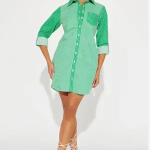Fashion Nova Shirt Dress - Green & White Casual Womenswear with Button Front, Buttoned Sleeves, Classic Design for Summer - Collar, Collared, Comfort