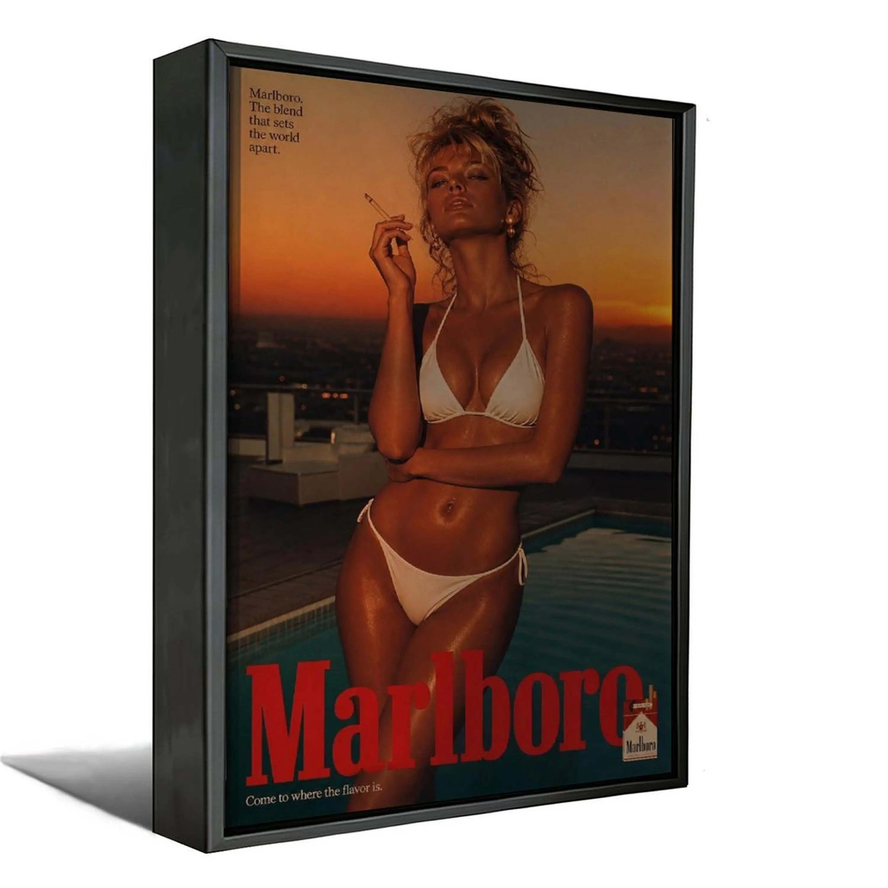 Top Rated Vintage Marlboro Sunset Pool Bikini Woman Framed Canvas Print, Retro Classic Cigarette Advertising Aesthetic Wall Poster, Vintage Bar Decor Gift For Retro Ad Collectors, Stylish Wall Art For Man Cave Lounge Bedroom Apartment