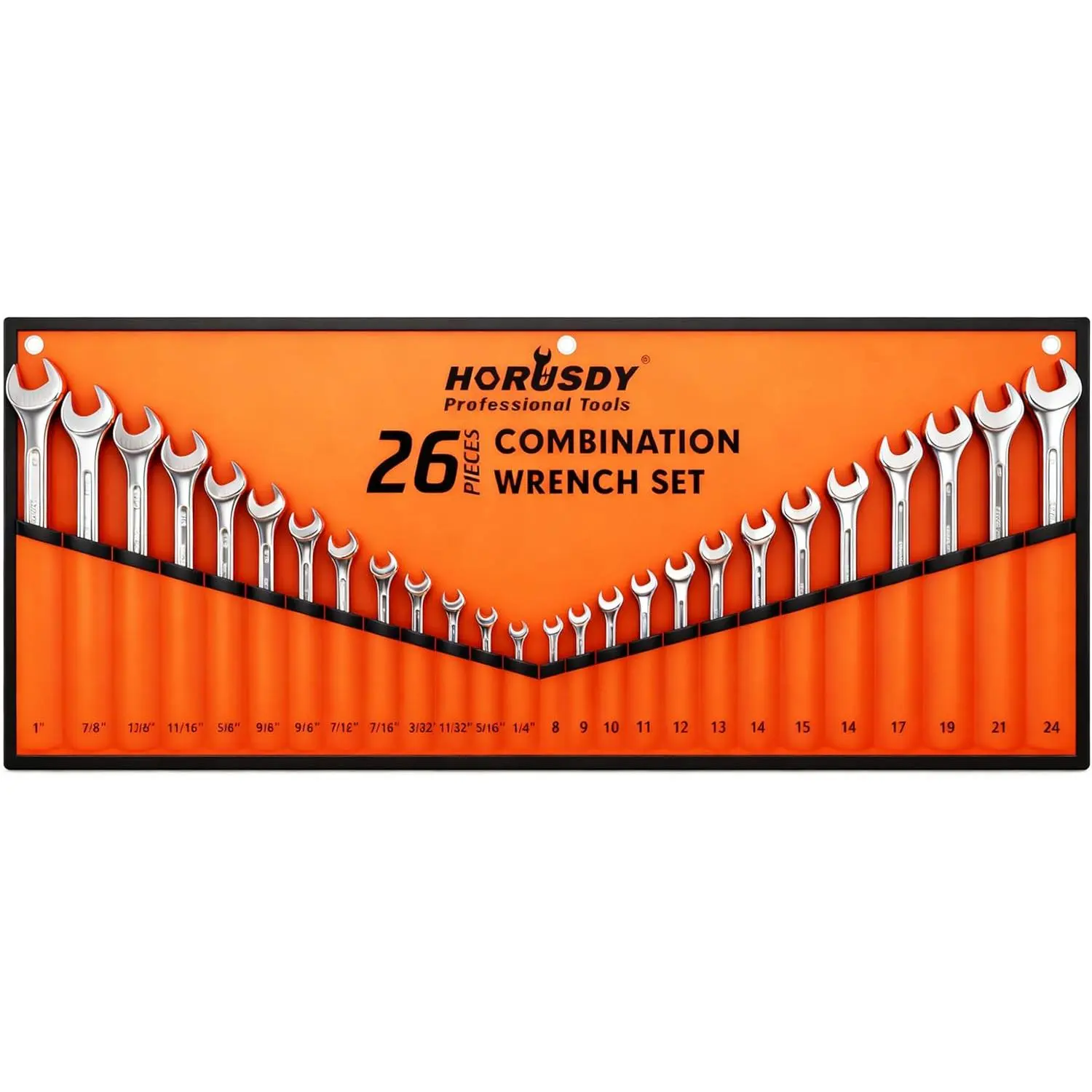 HORUSDY 26-Piece Durable Combination Wrench Set with Roll-up Pouch, Open End Wrench Set for General Household, Garage, Auto Repairs, SAE 1/4” - 1” and Metric 8mm - 24mm