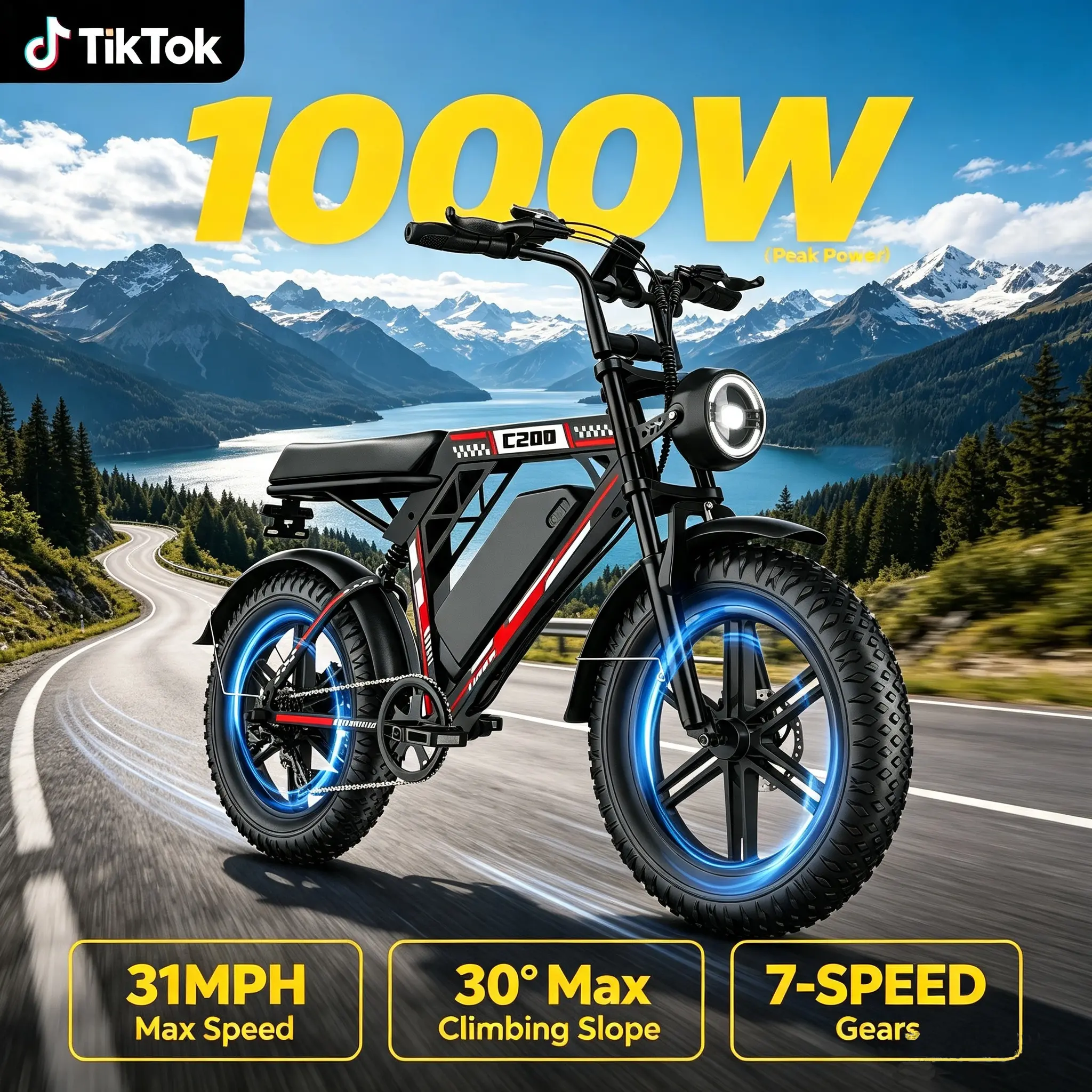 Adult Fat Tire Electric Bike - 1000W Peak Power Motor, 30° Climbing Capability, 48V20Ah Battery, 50Miles Assist Range, 20×4.0" Fat Tires, 7-Speed Gears Off-Road E-Bike for Commute, Mountain Use