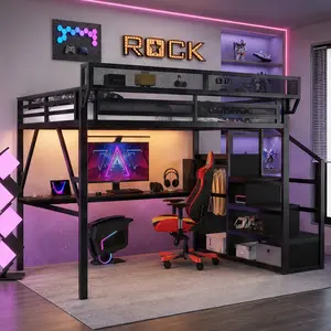 ARCH Full Size Metal Loft Bed Frame with Desk, Charging Station, Stairs, Wardrobe, Storage Shelves & RGB LED Lights - Black Metal Bed Frames, Space-Saving Durable 350LBS Capacity Bedroom Furniture for Teens, Adults