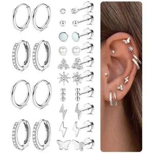 Flat Back Gold Earrings for Women Trendy Hypoallergenic Surgical Steel Earrings for Sensitive Ears-20G Cartilage Earring Stacks 14K Gold Plated Small Flatback Stud Hoops Cartilage Earring Set