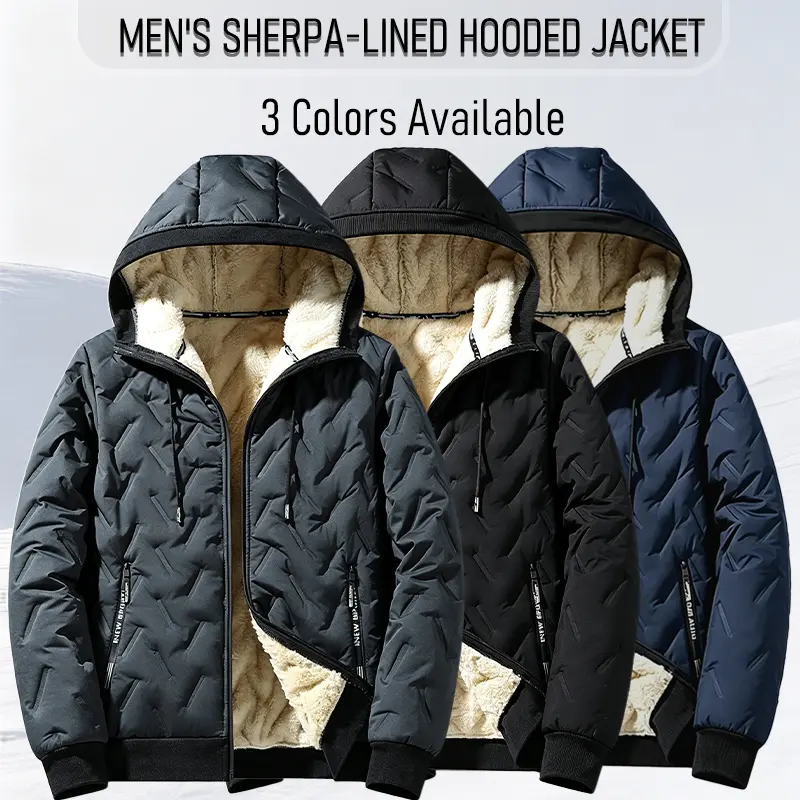 Men’s Winter Hooded Fleece-Lined Ultrasonic-Insulated Jacket - Fitted, Pull-On, Lightweight, Plain XL Warm Outerwear for Seniors, Long-Sleeve Solid Black Casual Top for Everyday Wear