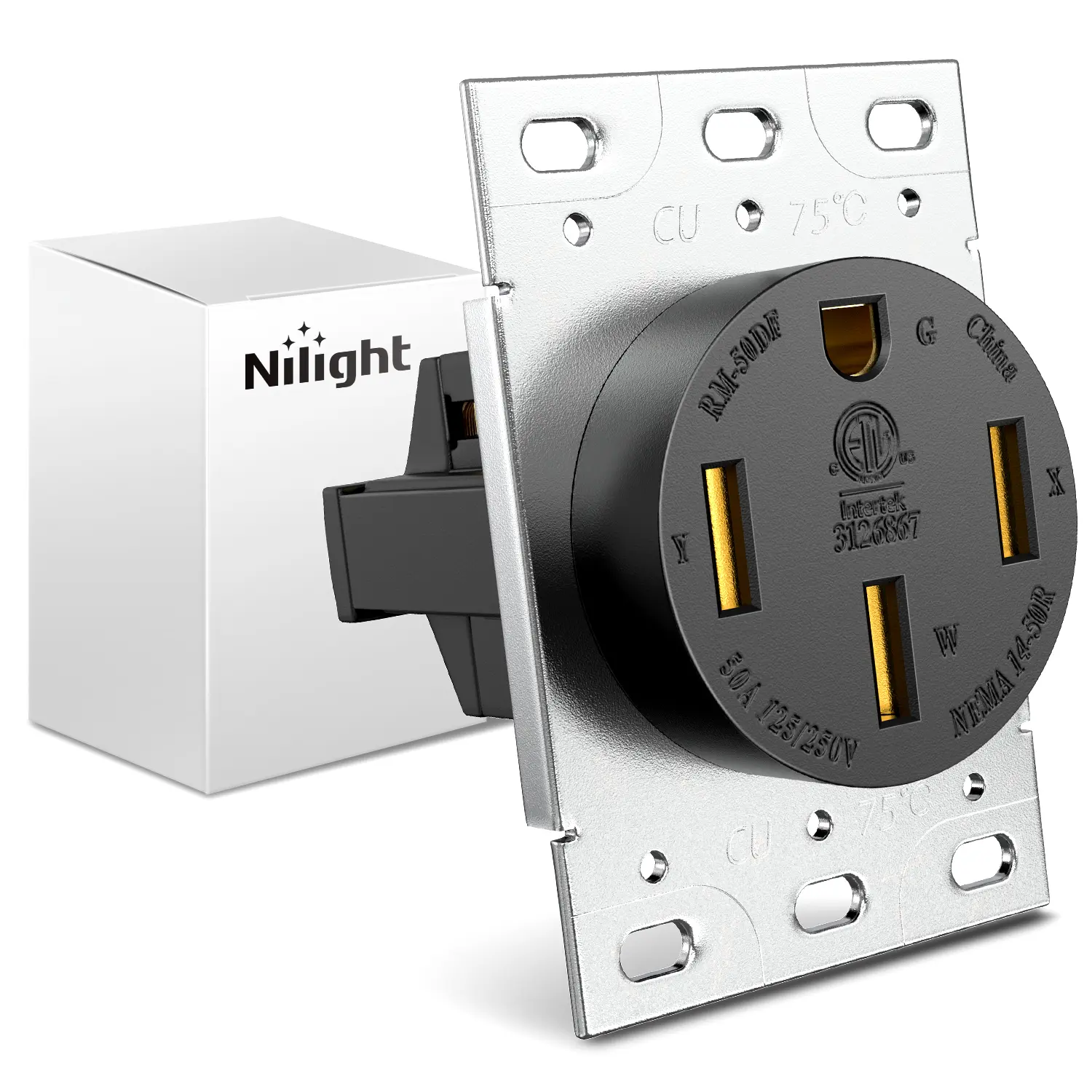 Nilight 50A Flush Mount Power Outlet, 125/250V NEMA 14-50R Heavy-Duty Receptacle - Galvanized Steel, Nylon Housing Wall Plate, ETL Listed Straight Blade for Camper Trailer EV High-Power Appliances