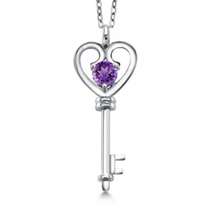 Gem Stone King Heart Key Pendant Necklace For Women In 925 Sterling Silver | Round 5MM | Gemstone Birthstone | Mom Wife Birthday Anniversary Graduation Gifts | With 18 Inch Silver Chain