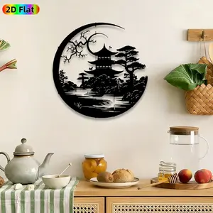 1pc Japanese Pagoda Landscape Metal Wall Art, Moonlit Pagoda & Pine Tree wall Scupltures Mural, Perfect for Chinese New Year, Anniversary Decor, Modern Home Decoration, Living Room, Patio, Zen Studio Decor, Gift for Oriental Art Enthusiasts