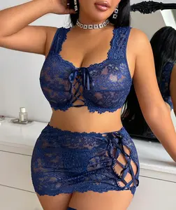 Elegant Women's Lace Sexy Lingerie Set Solid Color Bra Thong & Skirt Set Sleepwear Comfortable & Stylish Design Hand Wash Only Cami