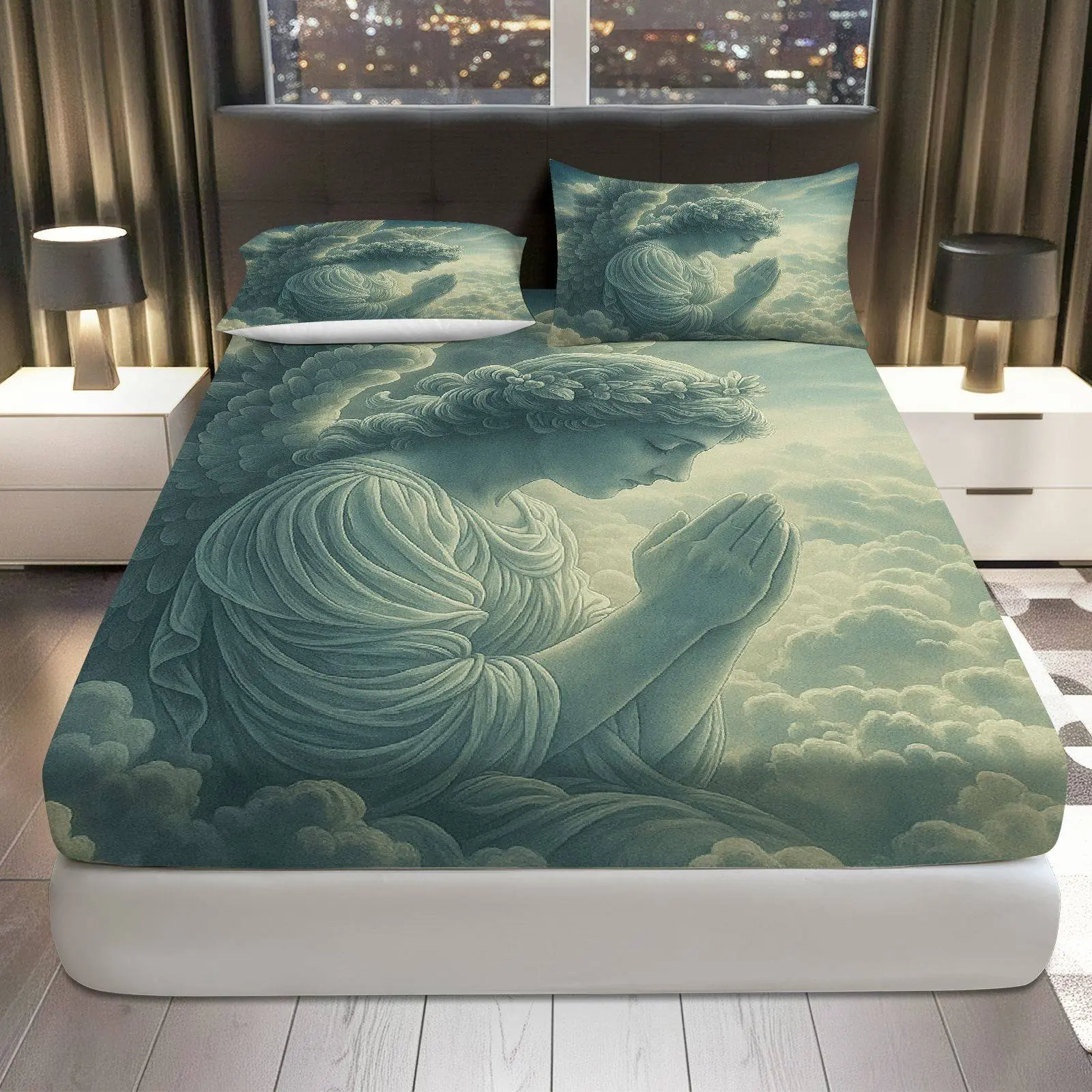 3Pcs Angelic Heavenly Serene Fitted sheet Three Piece Set (1*Fitted Sheet+2*Pillowcases, Coreless), Spiritual theme, Praying Angel Bedding Set, Mattress protector Soft, Breathable