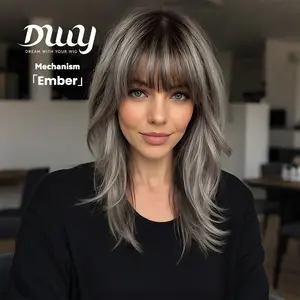 Ember -DWY Mid-length Stright Grey Black with Highlights and Bangs Glueless Synthetic Wig for Women 18 Inches