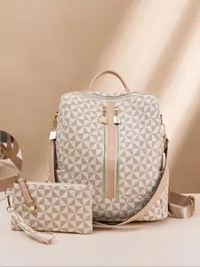 Fashionable Geometric Pattern Backpack & Wristlets Bag, Casual Large Capacity Backpack, Trendy Versatile Travel Backpack for Women