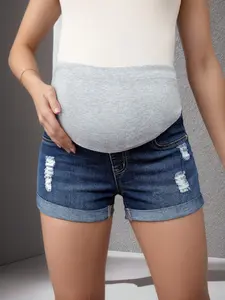Blue Pregnant Ripped Denim Shorts, Belly Support Mid-Waist Elastic Casual Slimming Export, Comfortable and Stylish Maternity Wear