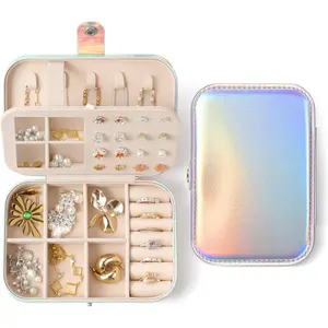 LAMU Travel Jewelry Box, Portable Jewelry Organizers and Stroage, Glowing Rainbow Small Jewelry Case for Earrings Rings Necklaces, Travel Jewelry Case for Girl as Wedding, Valentines Day Gifts, Silver