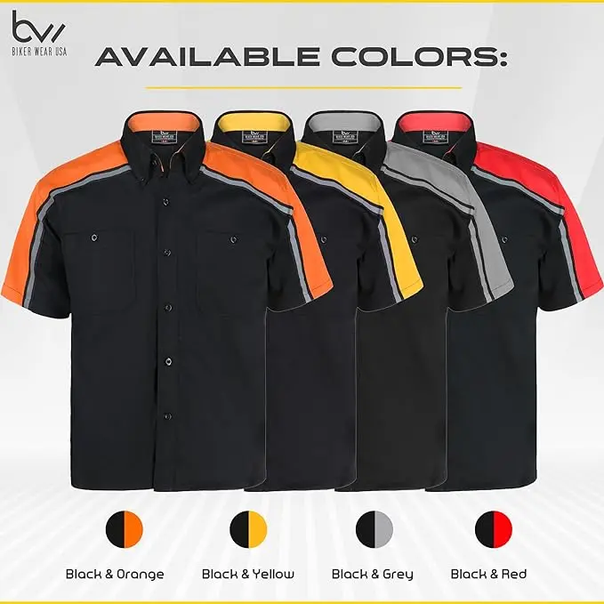 BIKER WEAR USA Men's Heavy Duty Mechanical/Industrial Work Shirt with Reflective Safety Lining Breathable Cotton Blend Collared Neck Short Sleeve Button-Down Fabric Menswear