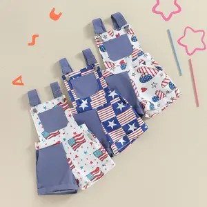 Afunbaby Kids Toddler Baby Girl Boy 4th of July Denim Overalls American Flag Independence Day Patriotic Pocket Adjustable Straps Short Jumpsuit