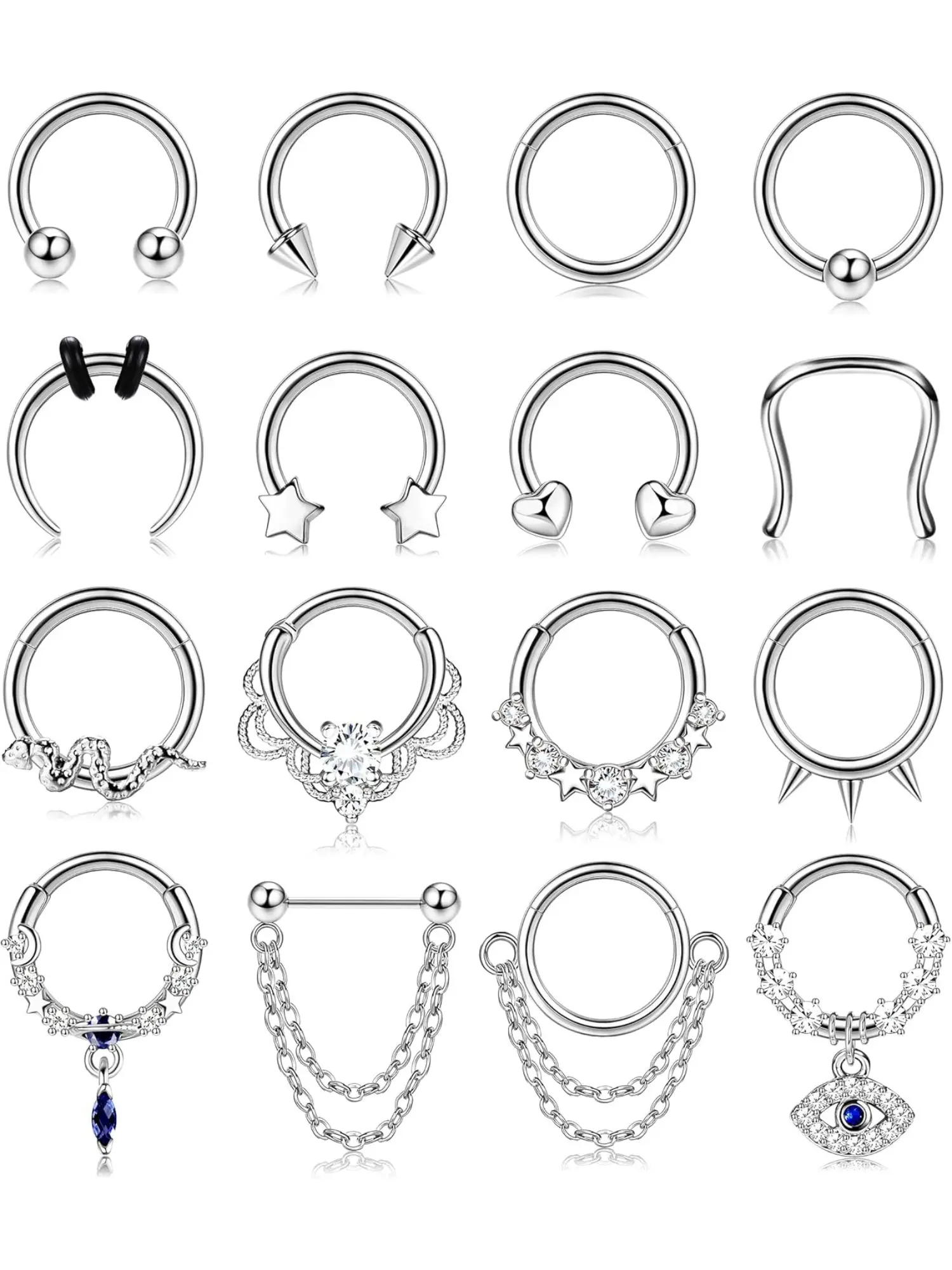 16 Pcs Silvery Black Piercing Nose Rings for Women Men Premium Stainless Steel Copper for Sturdy Texture Durable Use Classic Horseshoe Rings Practical Clicker Style Septum Hoops Versatile Enough Helix Cartilage Daith Tragus Nostril Piercing Ornaments