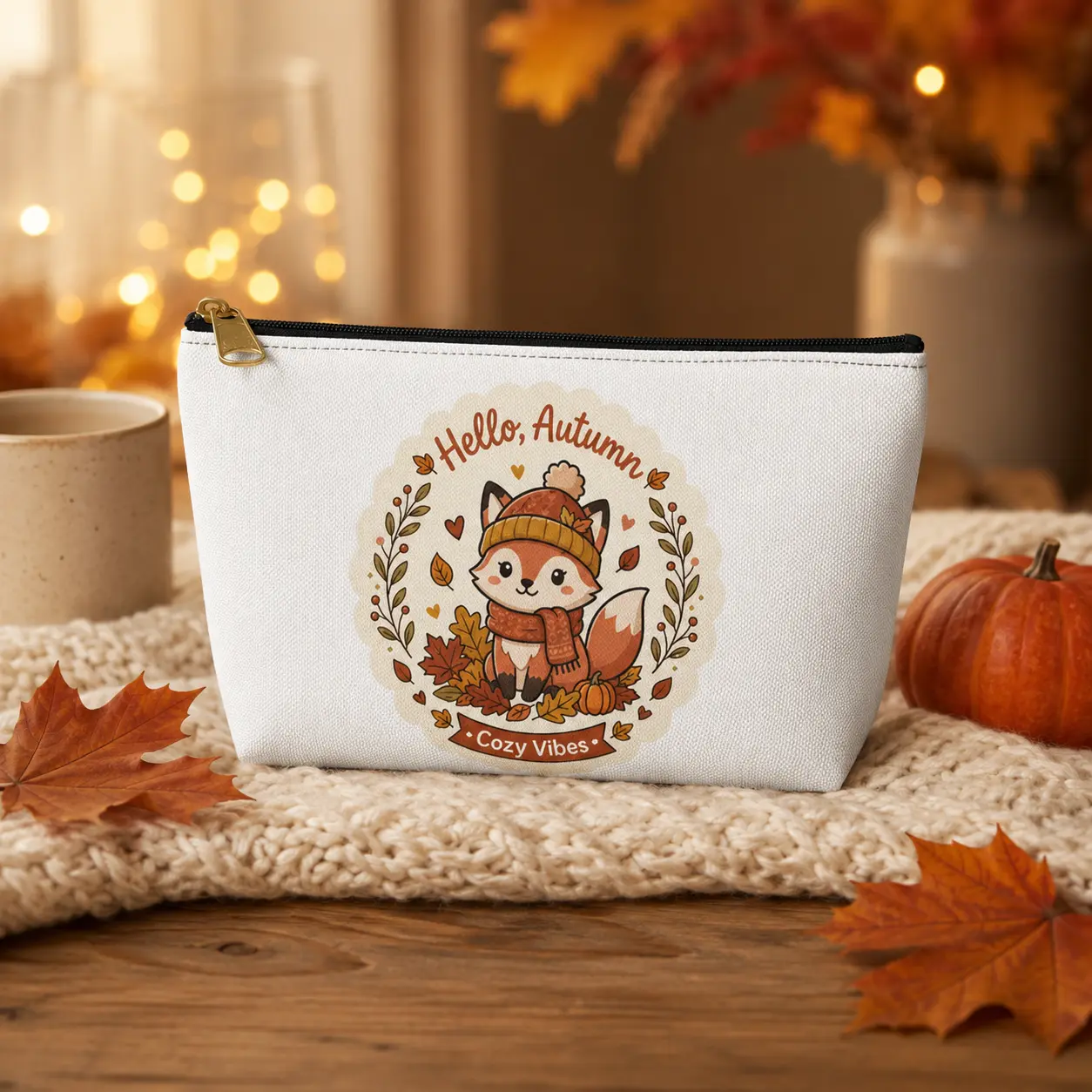 Hello Autumn Fox Accessory Pouch — Cozy Vibes Fall Makeup Bag