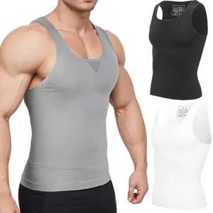 Menswear Compression Body Shaper Shapewear Breathable Vest Tummy Control Lightweight Workout Tank Tops Stretchy Underwear Sports Gym Polyester Soft Suit T-Shirt Spandex Bestie Fabric