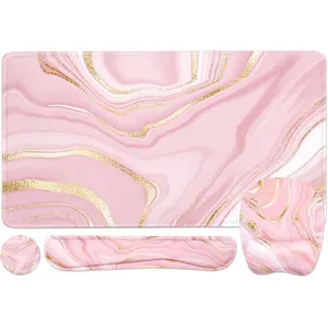 Keyboard Wrist Rest Large Mouse Pad Wrist Support for Computer, 4 in 1 Memory Foam Keyboard Pad Desk Mat Ergonomic Hand Rest Wrist Cushion for Home Office Gaming - Pink Marble