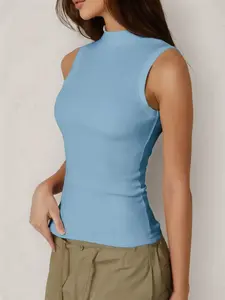 Women's Casual Sporty High Neck Sleeveless Fitted Tank Top, Moisture-Wicking Breathable Ribbed Knit Underlayer Shirt for All Seasons Casual Fashion Sleeveless