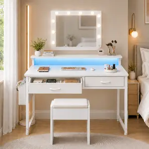 【Low-cost Vanity renovation】47'' Desk with LED in Dorm & Apartment, Low-cost DIY vanity makeover, Computer desk with 2 Storage Drawers & Side Pocket, Home Office Desk with Ergonomic Monitor Stand,Writing Table & Study Desk for Kids, Women's Bedroom Decor