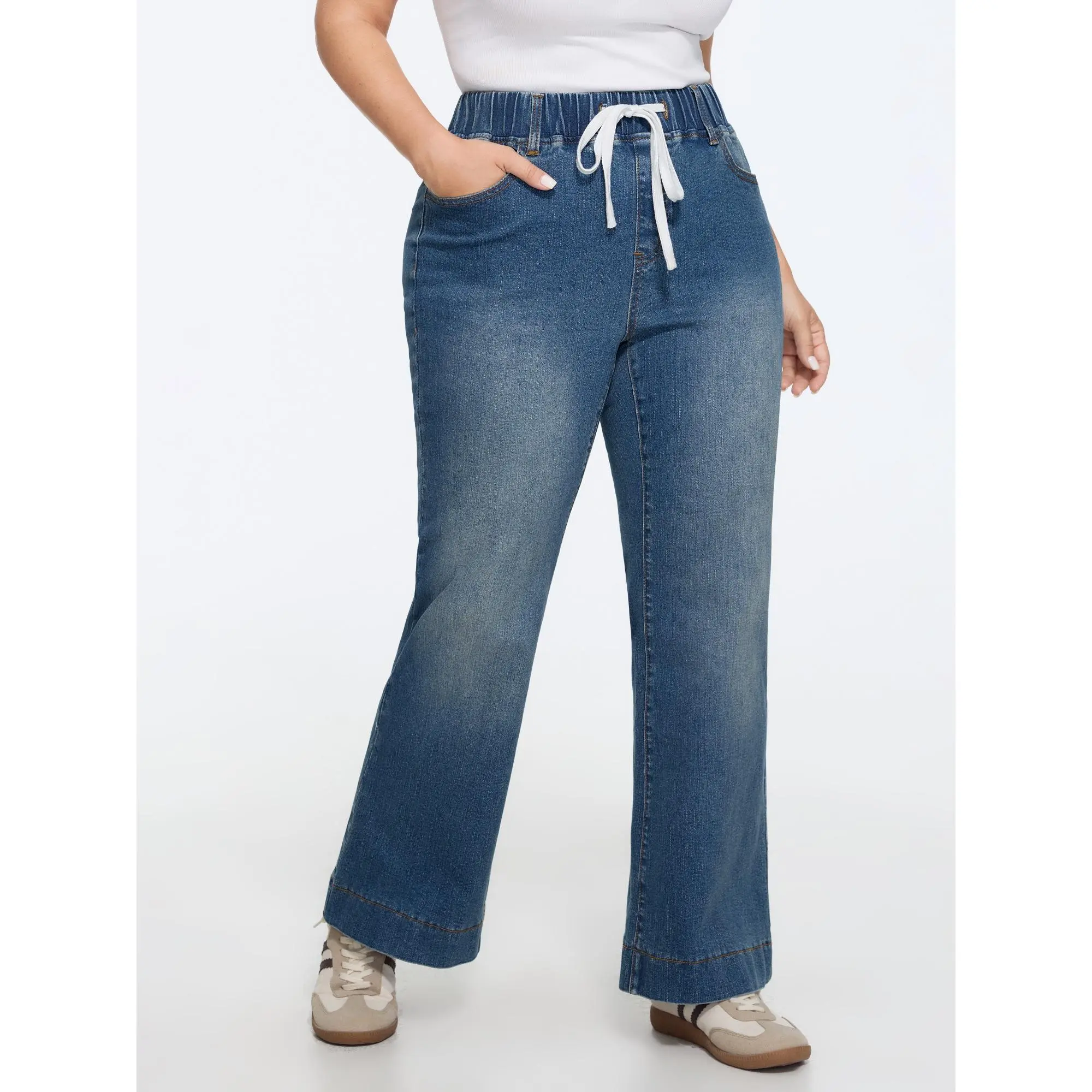 BLOOMCHIC Plus Size Stretchy Drawstring Elastic Waist Straight Leg Jeans[M-6X] 2026 Summerfinds