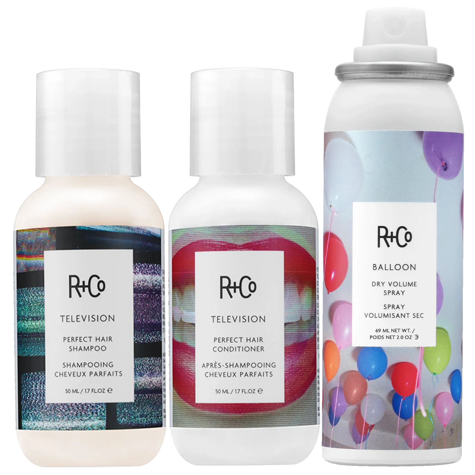 R+Co Starter Bundle: Wash + Style - Television Shampoo & Conditioner Minis & Balloon Dry Volume Spray Mini for Body Strength & Shine