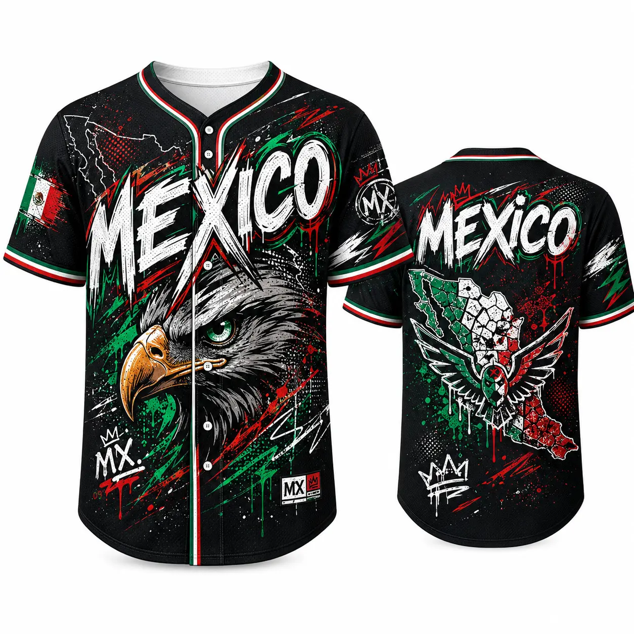 Men's Black Baseball Jersey, Button-Down Athletic Top with Graffiti Eagle Head Graphic and Mexico Map Wing Back, Casual 2026 Inspired Streetwear, Athletic Tops, Black Jerseys, Apparel Jersey tiktokshopbacktoschool