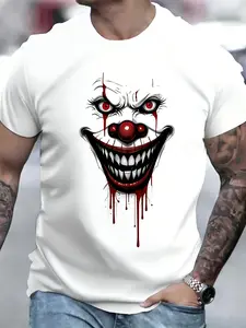 100% cotton Men's 3D Digital Print Clown Face T-Shirt -  Spooky Clown Design, Red Hair, Light Beige, Slightly Stretchy, Suitable for All Seasons, Perfect for Casual Wear and Halloween Parties.graphic tee，t shirt for men，funny graphic tee，men's t shirts