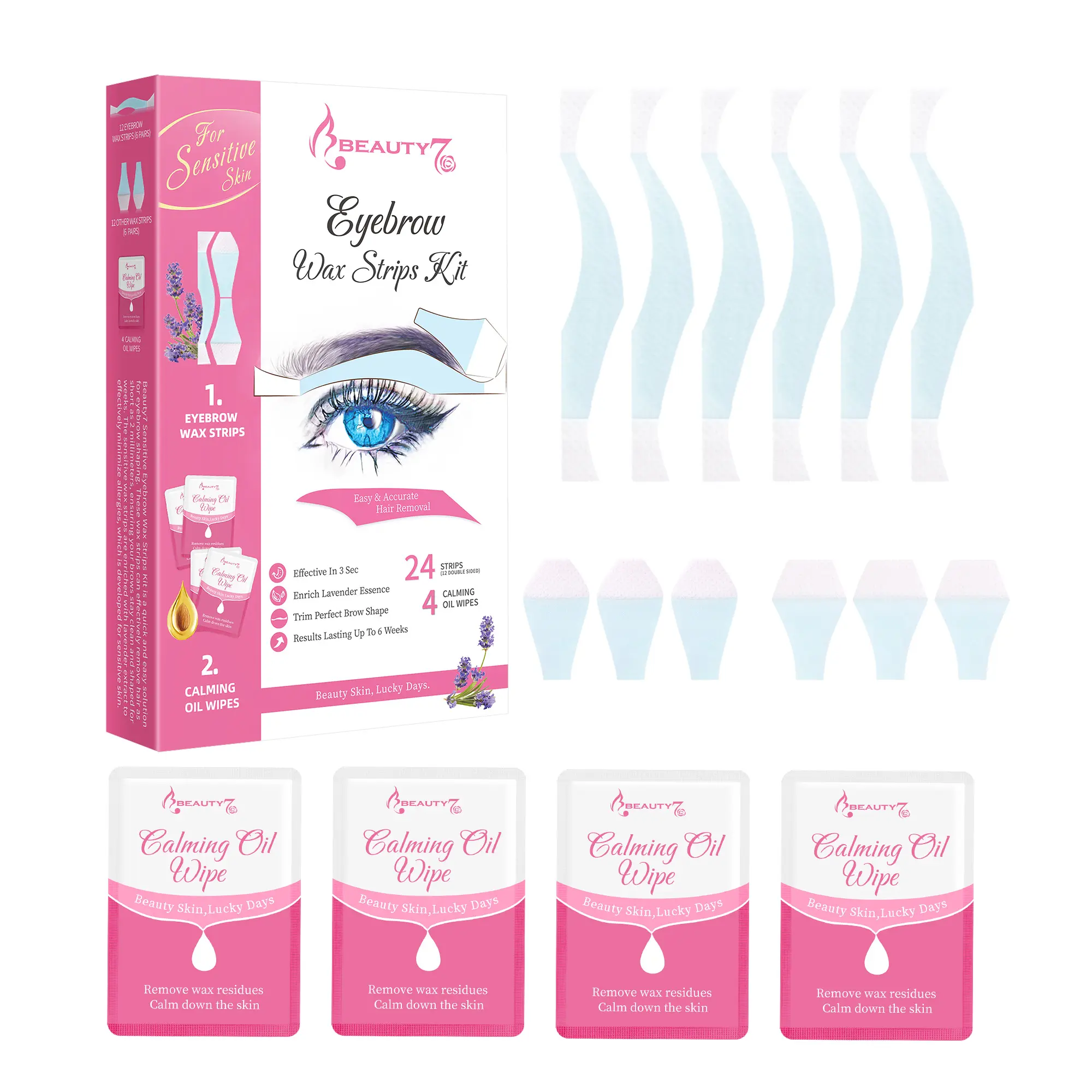 Beauty7 Lavender Infused Eyebrow Waxing Kit - Gentle Botanical Hair Remover for All Skin Types, 24 Sensitive Skin Women's Wax Strips (Double-Sided), 4 Calming Wipes, Flawless Shaping, Up To 6 Weeks Results, 3 Sec Wait, Hair Removal, 24+4 Pieces