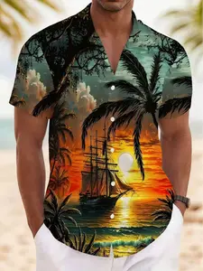 Men's Hawaiian Tropical Coconut Tree Sunset Print Large Size Button Pocket Short Sleeve Shirt, Casual Slim Fit Blouse, Summer Fashion