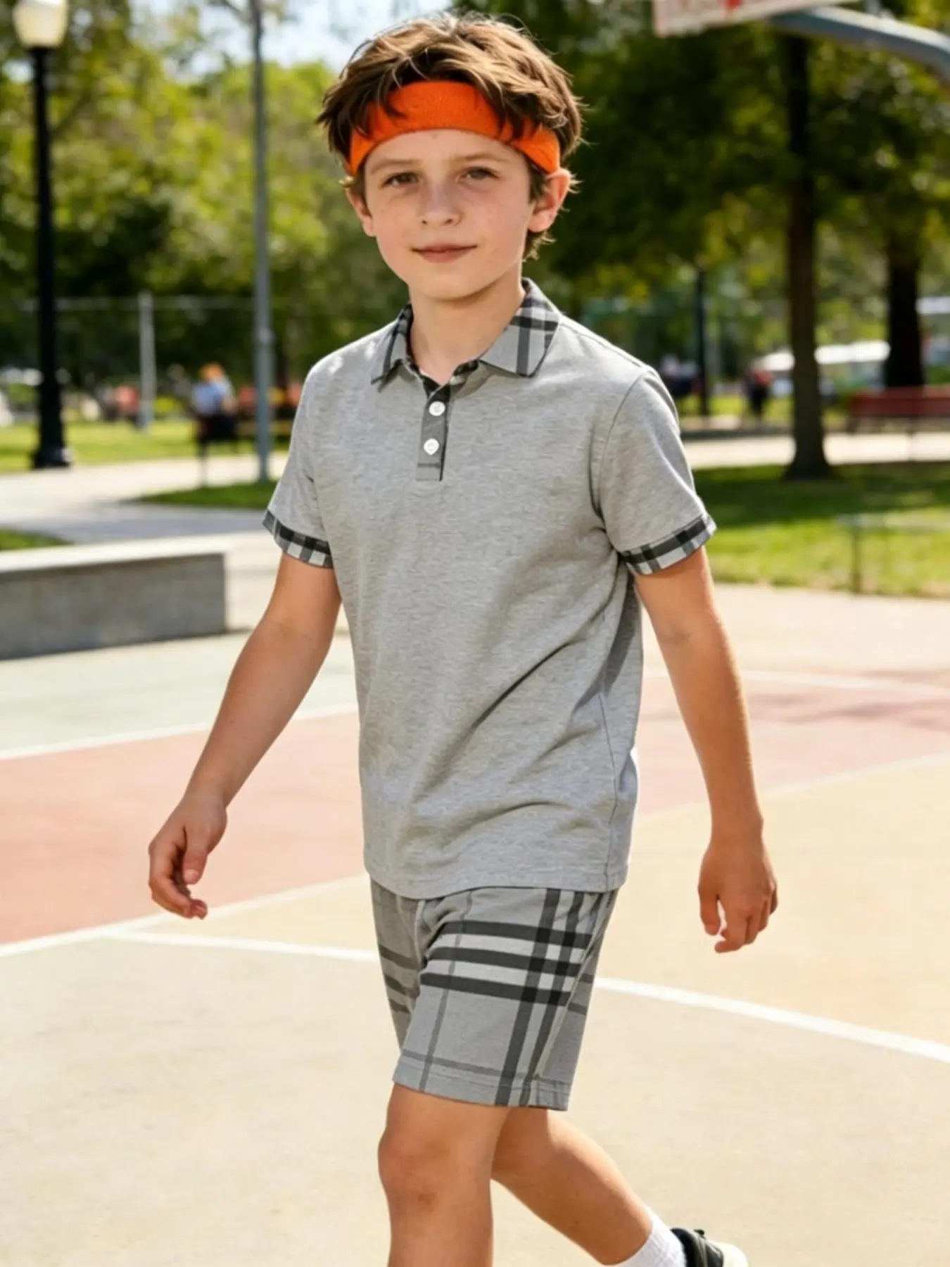 Boys' Vintage Plaid Short Sleeve Summer Clothing Set, High-End Daily Wear, Casual Loose-Fitting Tee, All over Print, No Button, No Zipper, No Collar