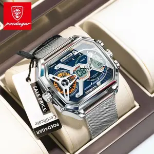 POEDAGAR Top Fashion Men's Watch Rectangular Waterproof Date Week LED Men's Watch Electronic Mesh Stainless Steel Quartz Herren Watch