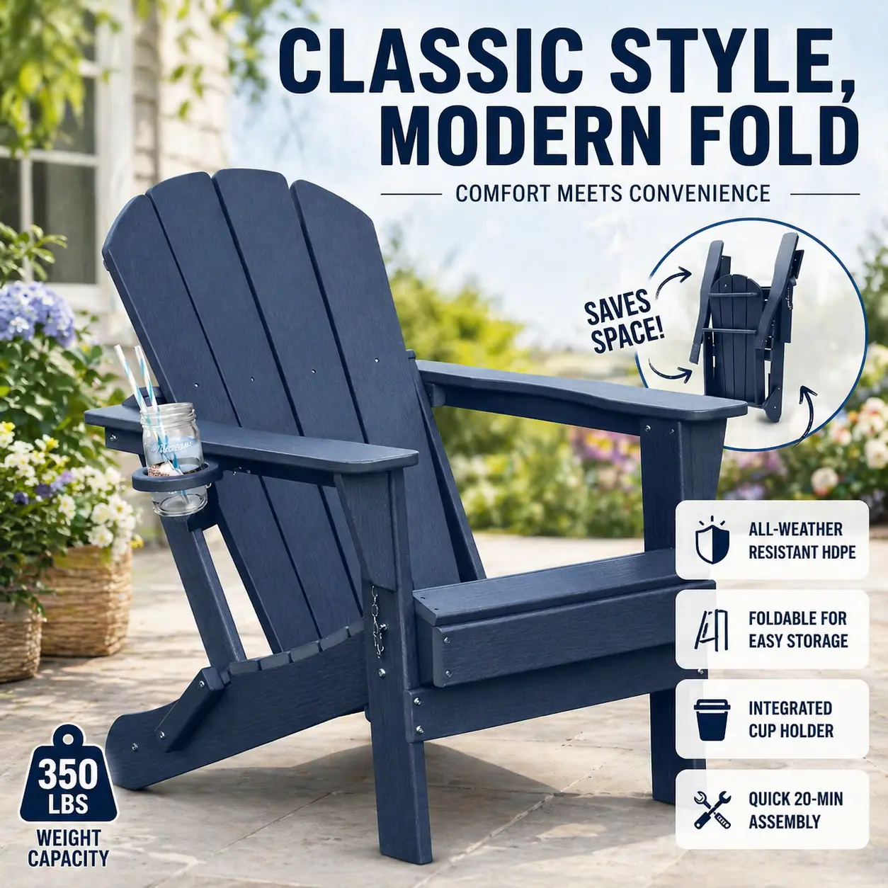 Folding Adirondack Chair HDPE Plastic Outdoor Lounge Chairs Heavy Duty with Built In Cup Holder Dark Blue Weather Resistant Patio Furniture for Fire Pit Seating Backyard Deck Lawn Garden Poolside Relaxing Porch Decor