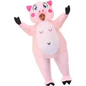 Adult Inflatable Pig Costume Pink Balloon Animal Suit with Black Hooves Pig Ear Headpiece Self Inflating Party Costume for Halloween Christmas Masquerade Menswear Clothes