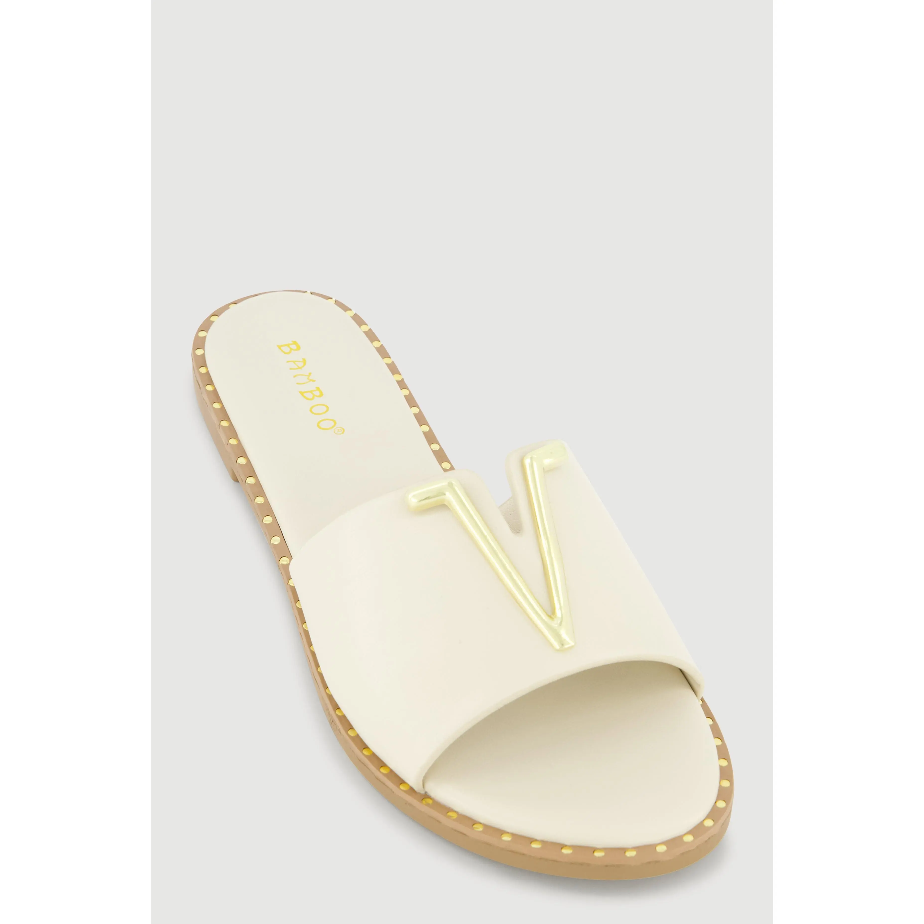 Metallic V Pendant Notched Band Slide Sandals