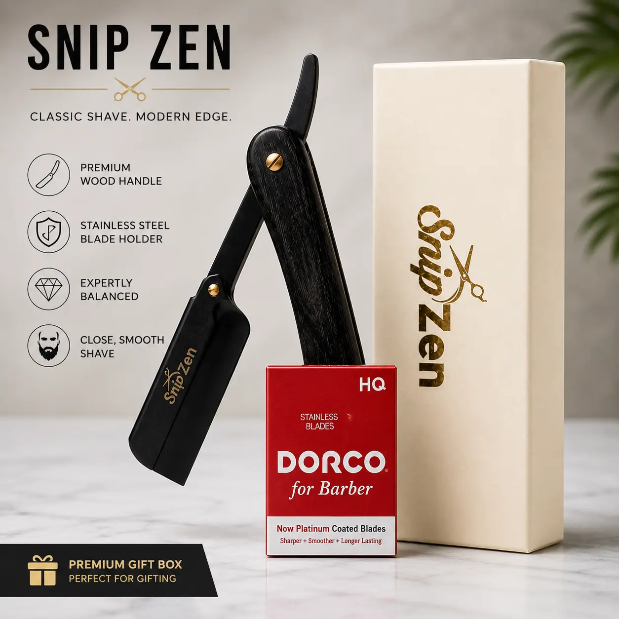 SNIPZEN Men's Luxury Matte Black Stainless Steel Straight Razor - Premium Handcrafted Wood Handle-100 single-edge razor blades, Antislip Grip, Long-Lasting Steel Blade Shaving Tool, Classic Barber Kit, Ideal Gift for Smooth Shaves Traditional Durable